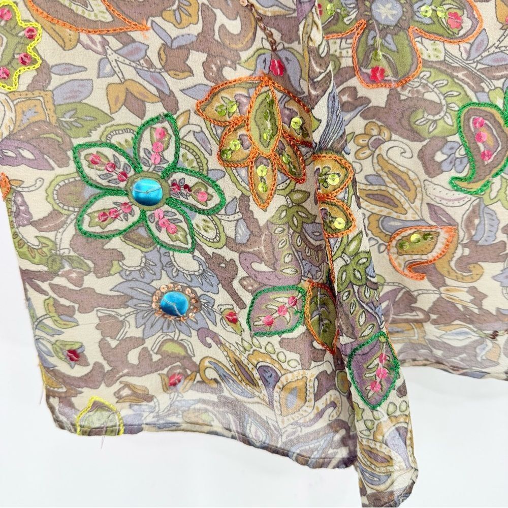 Strenesse Blue Brown Colorful Sequin Embroidered 100% Silk Paisley Floral Skirt - Picture 9 of 16